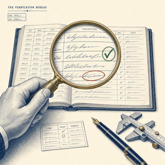 An inspector's magnifying loupe over a ruled ledger with one entry stamped with a green check and another circled in red ink, representing 99.5% accuracy