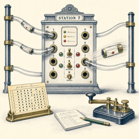 A brass pneumatic-tube exchange carrying envelope capsules between numbered sockets, representing the validation API