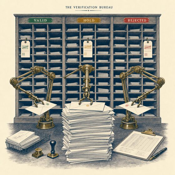 Mechanical brass arms sorting a tall stack of envelopes into pigeonhole sections labelled VALID, HOLD and REJECTED, representing bulk list cleaning