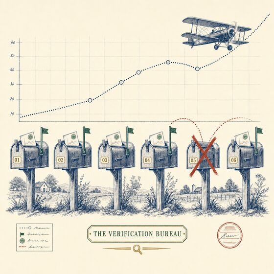 A vintage biplane tracing a rising dotted graph line over a row of letterboxes and skipping one crossed out in red, representing deliverability protection