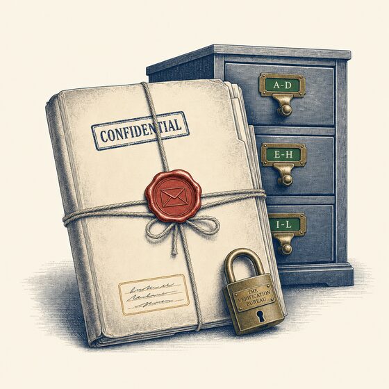A confidential dossier tied with string and sealed in red wax, with a brass padlock and an archival card catalog, representing private, zero-retention verification