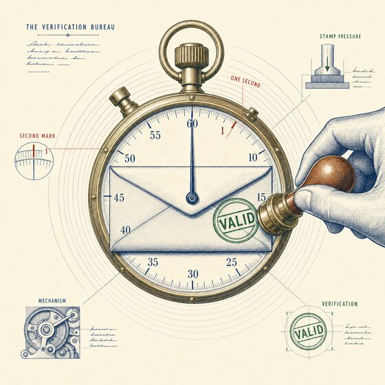 A brass stopwatch with an envelope at its centre being stamped VALID at the one-second tick, representing sub-second real-time verification