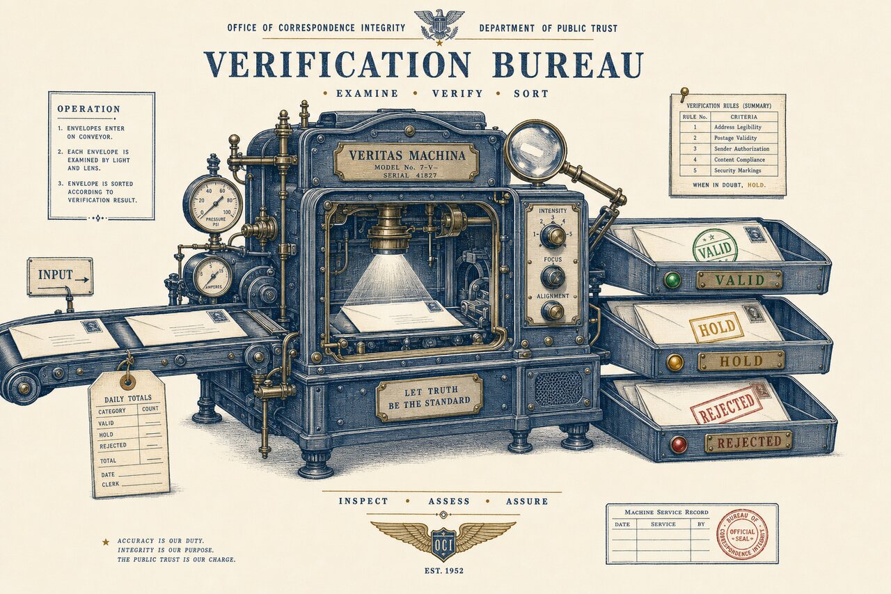 An engraved verification bureau machine examining envelopes on a conveyor and sorting them into three trays stamped VALID, HOLD and REJECTED
